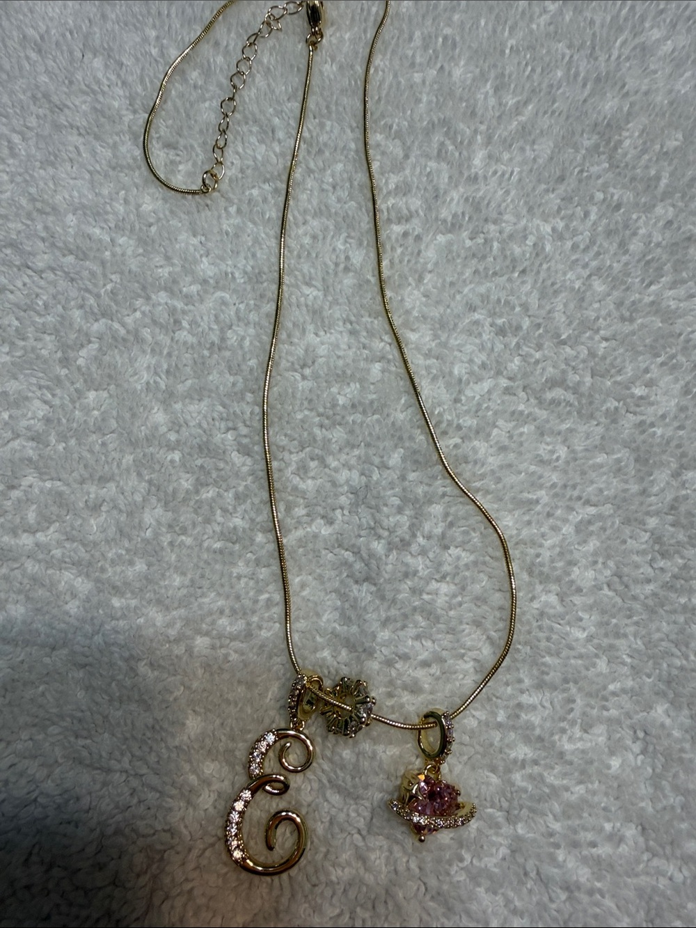 Gold-Tone Necklace with Pink Crystal Pendant and Script Charm